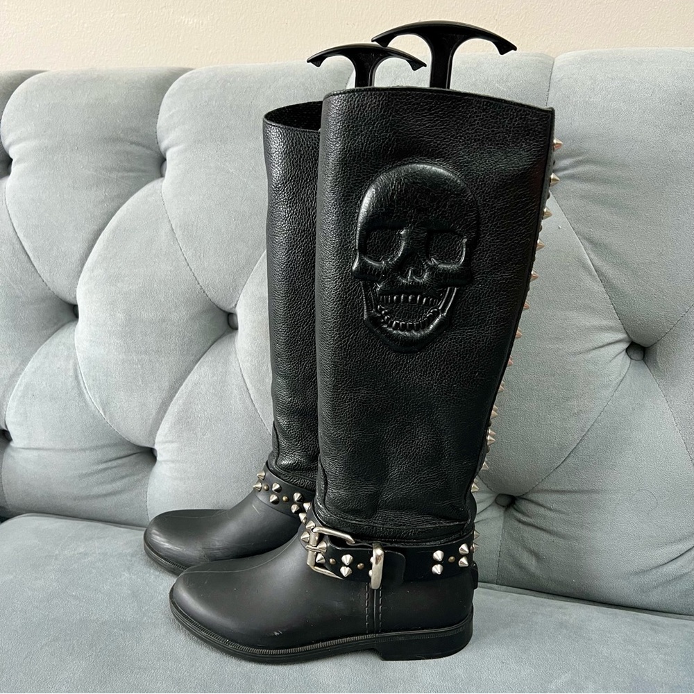PHILIPP PLEIN PUNK Rain Boots Black Genuine Leather & Rubber Detachable Details